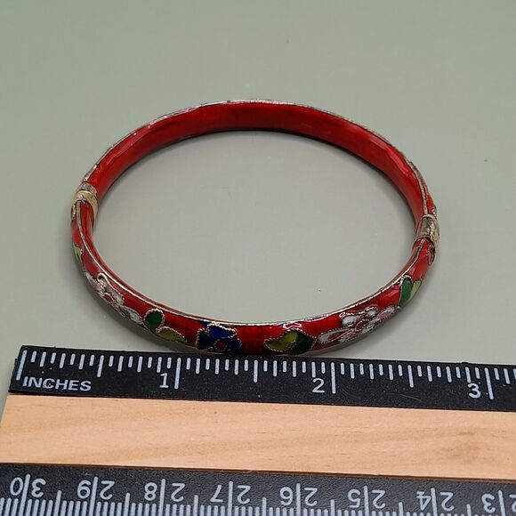 Vintage Asian Gold Trim Red Floral Cloisonné Hinged Bangle Bracelet, 7 1/4 Inch - Picture 7 of 10